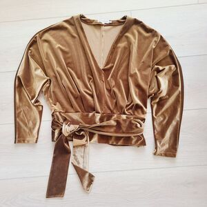 Good American Top 3 (L) Bronze Brown Velvet‎ Stretch V-Neck Tie Waist Pullover